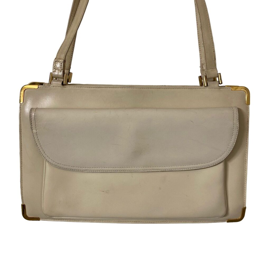 Vintage Mark Cross Shoulder Bag Womens Ivory Leather Gold Hardware Purse 90s